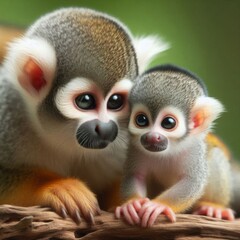 Wall Mural - a mother squirrel monkey with her baby, both watching their surroundings