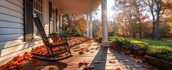 Autumn Morning on a Front Porch With a Rocking Chair