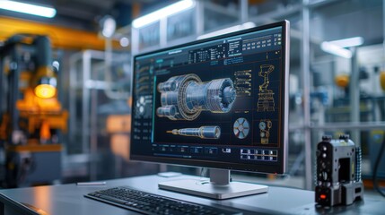 Wall Mural - A computer monitor displays a design of a machine. The design is detailed and complex, with many different parts and components. Scene is focused and professional