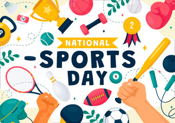 National Sports Day Vector Illustration featuring Athletes from Various Sports and Equipment in a Flat Style Cartoon Background