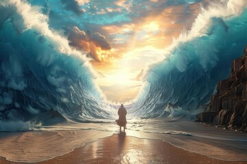 biblical scene of moses parting the red sea majestic ocean opening 3d illustration rendering