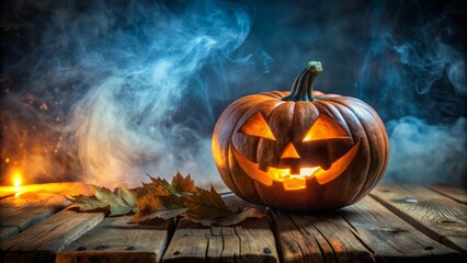 Wall Mural - Isolated jack-o-lantern on a rustic wooden table against a dark, eerie, and mysterious background, emitting an eerie glow, setting the tone for a spooky halloween atmosphere.