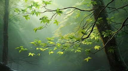 Wall Mural - fresh green leaves sprouting from a tree branch