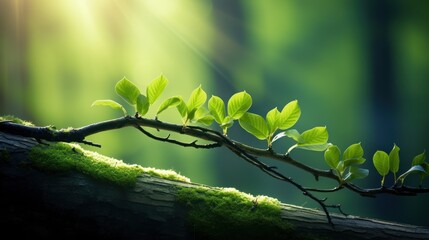 Wall Mural - fresh green leaves sprouting from a tree branch