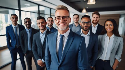 Group of multiethnic businessmen standing together in an office environment, smiling confidently