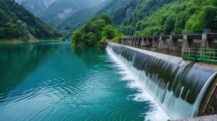 Poster - A hydroelectric dam in a beautiful, green mountain landscape. Water flows over the dam, generating clean and sustainable energy. Generative AI