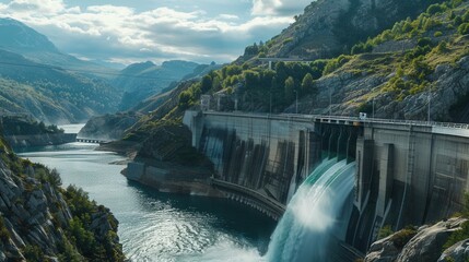Poster - A hydroelectric dam in a picturesque mountain valley generates clean energy from flowing water. Generative AI