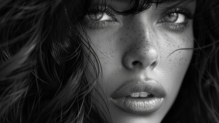 Wall Mural - Black and white photo of beautiful woman with magnificent hair