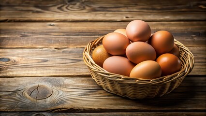 Sticker - Eggs in a rustic woven basket on a wooden table , eggs, basket, rustic, organic, farm, fresh, agriculture, natural, breakfast