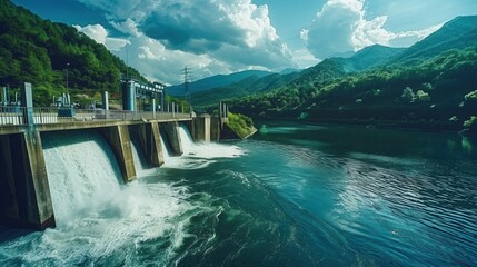 Poster - A hydroelectric dam generates power in a serene mountain landscape. Water flows over the dam, creating a powerful cascade. Generative AI