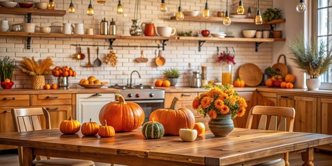 Sticker - Wooden table with copy space in cozy autumn kitchen adorned with various pumpkin decorations, wood, table, copy space, autumn