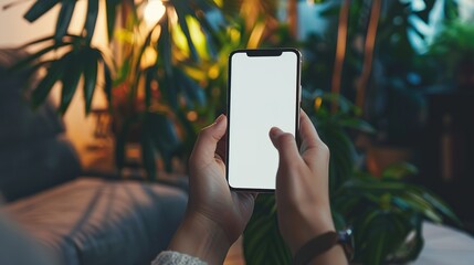 Close-up of hands holding an iPhone with a white screen, inside a house with blurred background featuring bokeh effect. The serene living room setting includes plants and greenery bathed in evening li