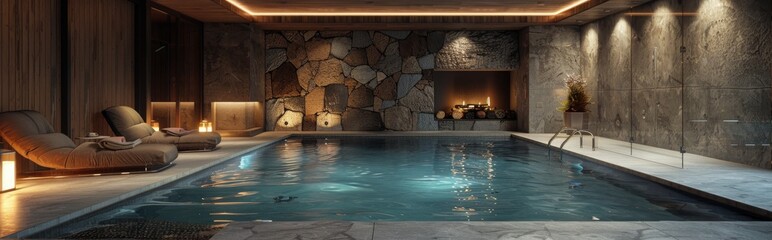 Wall Mural - Indoor Swimming Pool With Lounge Chairs And Stone Walls