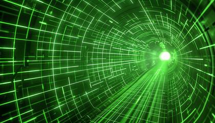Wall Mural - futuristic digital tunnel with vibrant green neon lights creating a dynamic and immersive virtual re