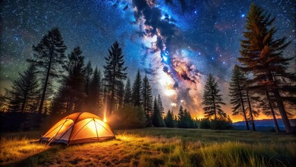 Poster - A serene campsite under a starry night sky, with a cozy tent illuminated by a soft glow from the bonfire. The wilderness surrounds the site, with tall trees and vast grasslands