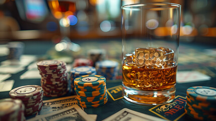 Canvas Print - Close-up of whiskey glass and chips on gaming table in casino