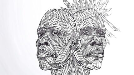 Detailed line art of two aboriginal faces back-to-back.