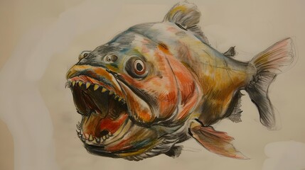 Wall Mural - Cute cartoon piranha with sharp teeth. 