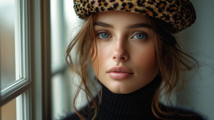 Poster - Beautiful young lady in a black turtleneck. Refined taste. Elegance. Leopard print beret