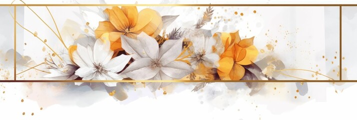 Wall Mural - Abstract luxury floral watercolor banner with gold geometric elements and splashes. Golden line with black and gold flower and decorated line arrangement with white background. Elegant design. AIG35.