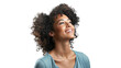© The Stock Guy - Portrait of happy African American woman smiling and looking up with afro hair, isolated on transparent background