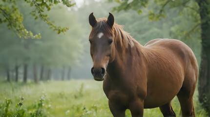 a brown horse standing in a field of grass