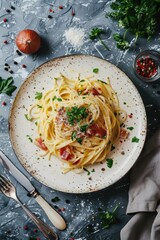 Poster - Aerial perspective of classic spaghetti carbonara