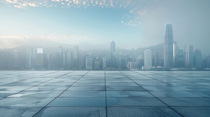 Retro-Futuristic Metropolis: Empty Square Floor with City Skyline, Blending Past and Future