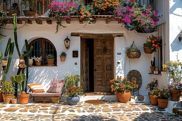 Wall Mural - A house with a white exterior and a colorful front door