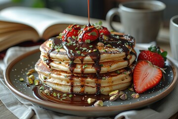Wall Mural - A stack of pancakes with chocolate sauce and strawberries on top