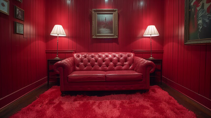 Wall Mural - Retro living room interior in red tones with red sofa