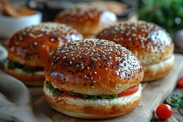 Wall Mural - Four sesame seed buns with tomato and lettuce on top