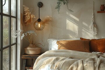 Wall Mural - A bedroom with a bed, a lamp, and a vase