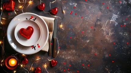 Valentine s Day Table Setup with Heart Shaped White Plates Cutlery Red and Gold Hearts Fairy Lights on Vintage Background Top View with Space for Text