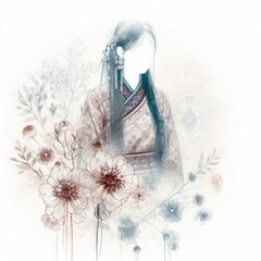 Wall Mural - Tranquil Elegance: Traditional Mongolian Woman in Floral Harmony with Generative AI.
