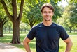 © ROKA Creative - A smiling man in his 30s, with short brown hair, a navy blue t-shirt, outdoors in a park