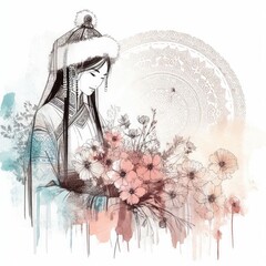 Wall Mural - Tranquil Elegance: Traditional Mongolian Woman in Floral Harmony with Generative AI.