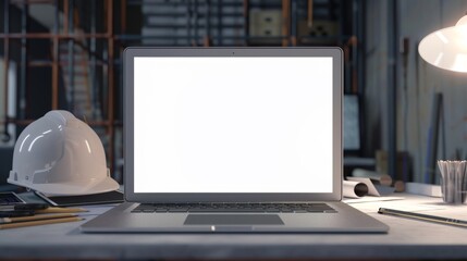 Digital Blueprint Innovative Engineering Workspace with Laptop Technical Drawings and Hard Hat Technology and Construction Concept