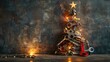 © TheWaterMeloonProjec - Christmas tree made of tools including wrenches topped with a star and adorned with string lights Industrial holiday card with space for message Concept for a festive season greeting