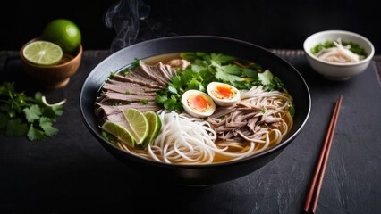 Wall Mural - Aesthetic Essence, Classic Beef Noodle Soup with Eggs, Lime, and Garnish