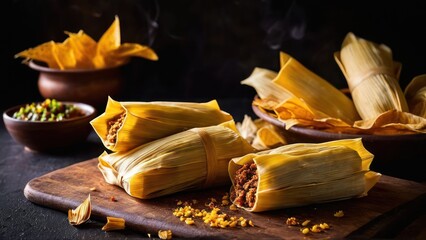 Authentic Mexican Gastronomy, A Kitchen Tableau of Traditional Tamales, Toasted Tortillas, and Fresh Ingredients