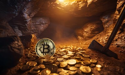 Bitcoin mining concept. Bitcoin mining in deep golden cave with pickaxe and some coins. Cryptocurrency treasure trove. Bitcoin treasure mine