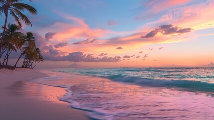 Tranquil Tropical Beach Sunset with Pink and Orange Sky