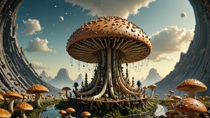 Wall Mural - Fantasy Mushroom Village.