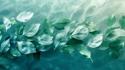 Abstract underwater scene with transparent leaves in shades of blue and green and sea foam floating in a calm ocean.