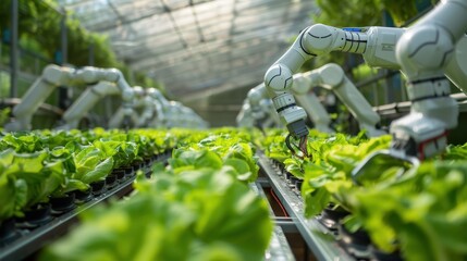 Robotic arms and autonomous delivery robots work together to harvest and transport lettuce in a high-tech greenhouse, revolutionizing farming practices.
