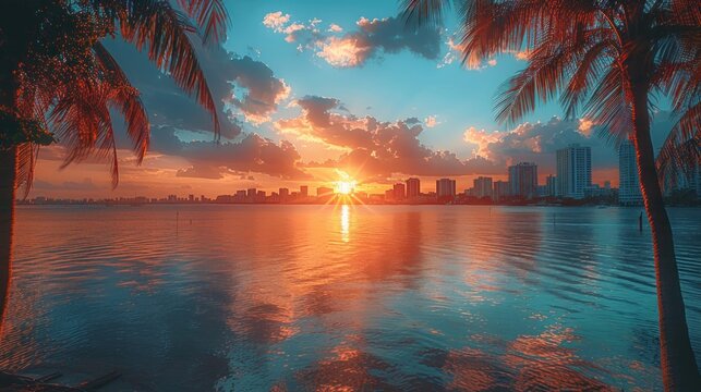 Sunset Over City Skyline With Palm Trees