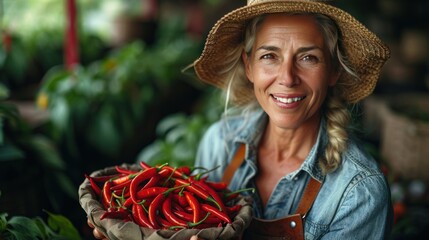 Wall Mural - Smiling Woman Holding a Basket of Red Chili Peppers