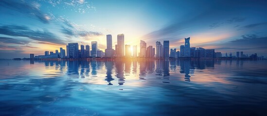 A city skyline is reflected in the water