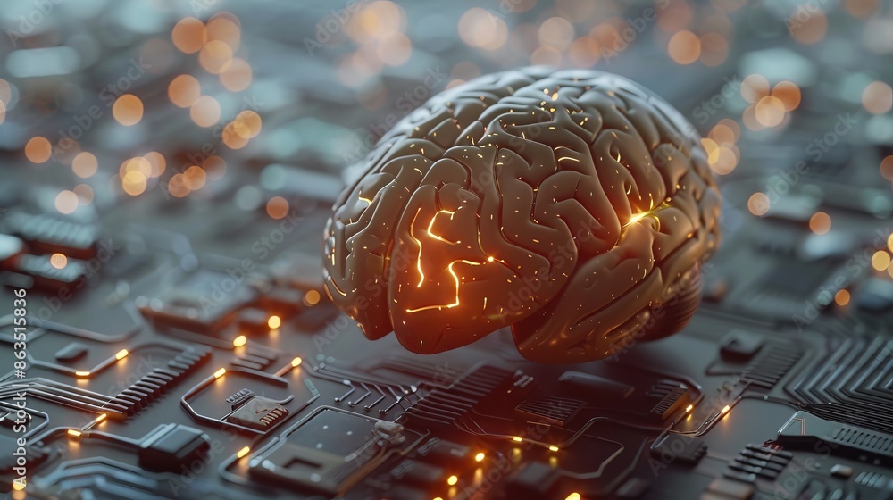 Realistic human brain connected to a computer, visualizing the process ...